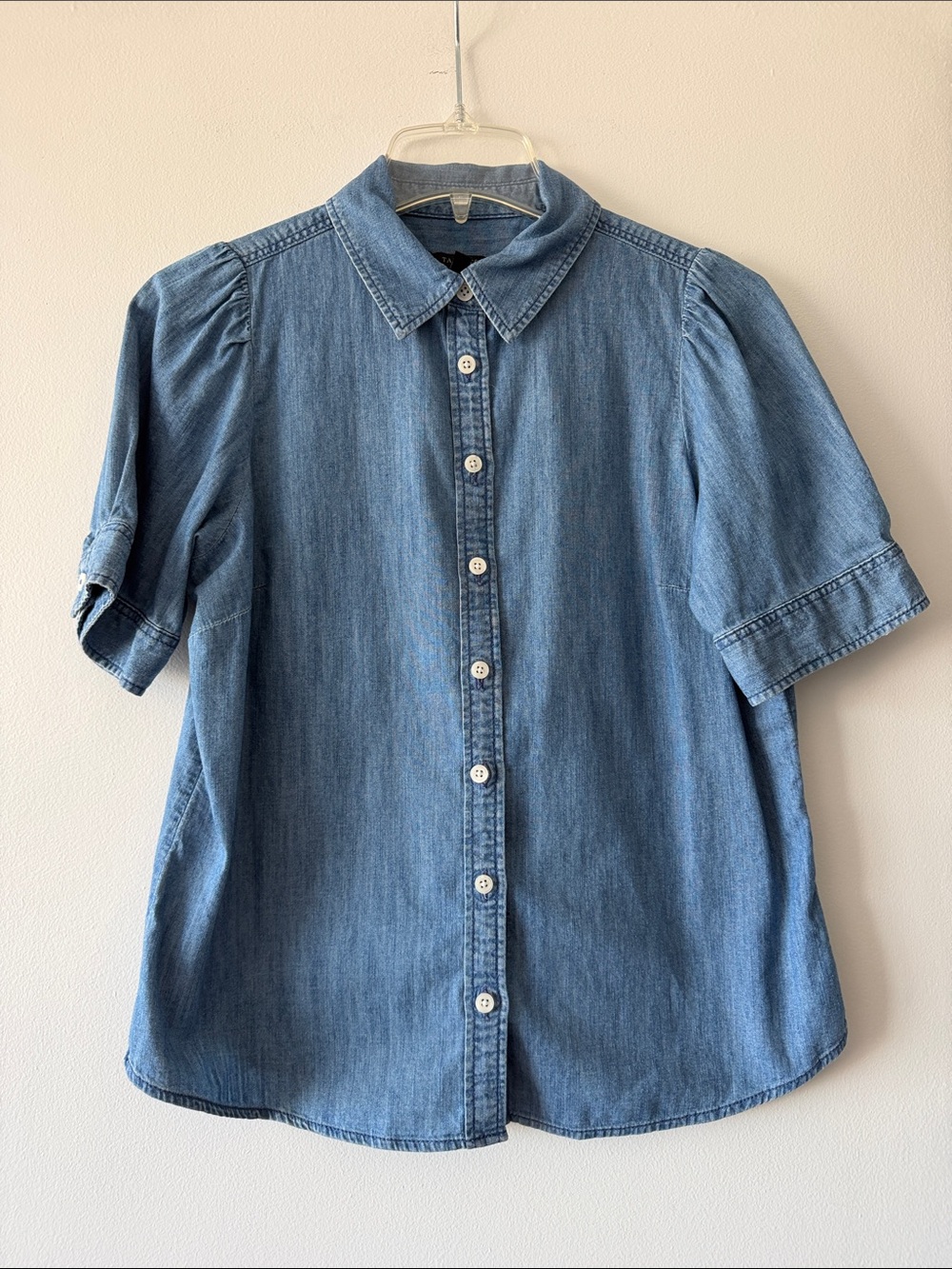 Talbots Chambray Denim Button Down Shirt Puff Short Sleeve Petite MP Cotton Top